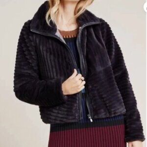 Anthropologie Natasha Ribbed Faux Fur Zip-Up Women's Bomber Jacket Charcoal XS